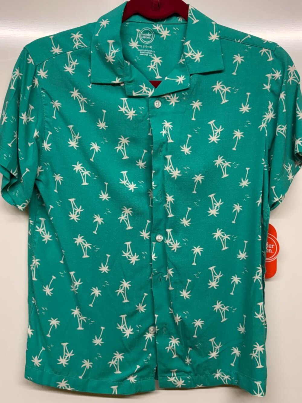 Wonder Nation Boys Tropical Palm Tree Camp Shirt – Teal – Size L (10-12)